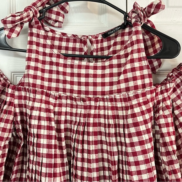 DOE & RAE Red and White Gingham Checked Cold Shoulder Butterfly Sleeve Blouse - Picture 8 of 17